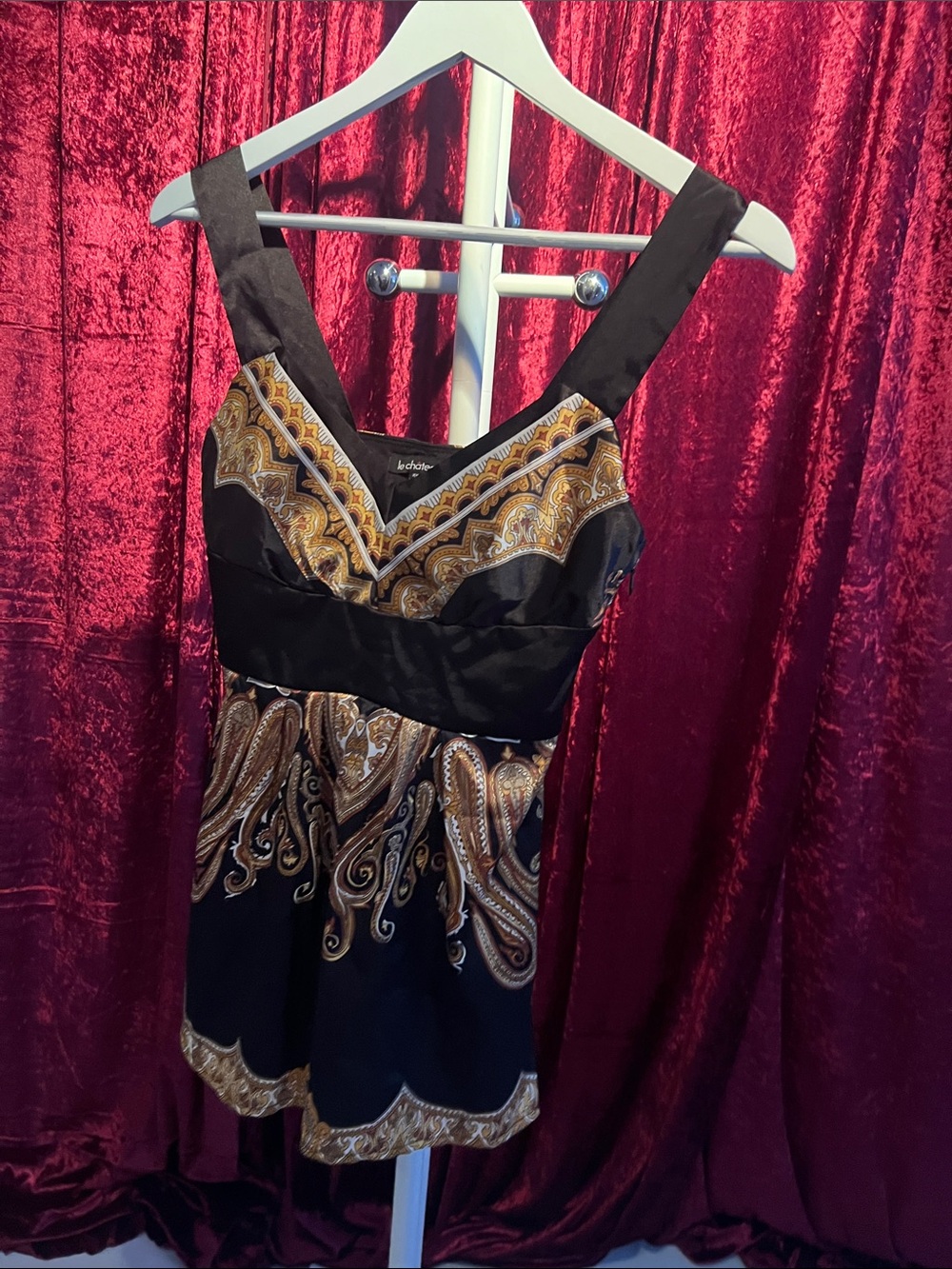 le chateau Black Mini Dress with Gold Paisley Detailing